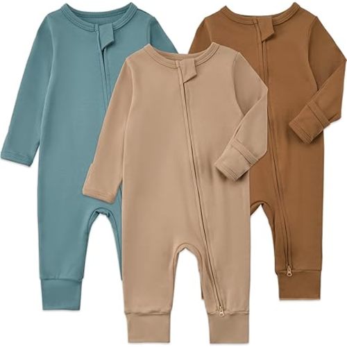 3-6M 3-Pack Organic Cotton Baby Footless Pajamas with Mitten Cuffs, 2-Way Zipper Infant Romper Outfit