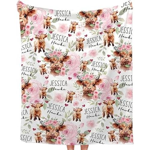 Personalized Highland Cows Blanket Gifts Custom Blanket with Name Super Soft Lightweight Flannel Blankets Throw for Baby Kids Adult, Suitable for Couch Sofa Bed All Seasons 30"x40" for Baby