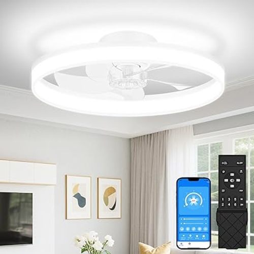 VOLISUN Low Profile Ceiling Fans with Lights and Remote, 20in Fandelier Ceiling Fan Flush Mount, 3000K-6500K Smart Bladeless LED Fan Light, White Modern Ceiling Fans with Lights for Bedroom