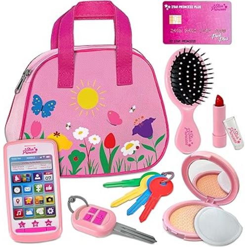 Play Purse for Toddlers with Accessories, Toddler Girl Toys 1 2 3 Years Old with Pretend Makeup, Keys, Smartphone, Toddler Toy Purse for Little Girls - Birthday Gift for Toddlers Girls Ages 2-3 - Pink