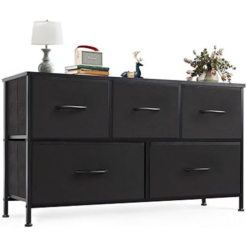OLIXIS Dresser for Bedroom with 5 Drawers, Wide Chest of Drawers, Fabric Bedroom Dresser with Drawer Organizer, Storage Organizer Unit with Fabric Bins for Closet, Living Room, Hallway, Classic Black