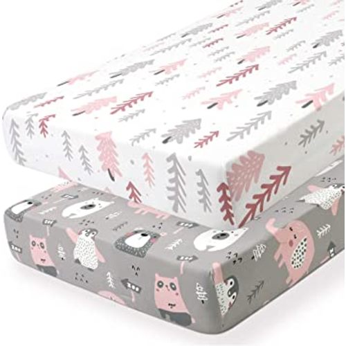 Stretchy Fitted Crib Sheets Set BROLEX 2 Pack Portable Crib Mattress Topper for Baby Boys Girls,Ultra Soft Jersey,Full Standard,Jungle Animals