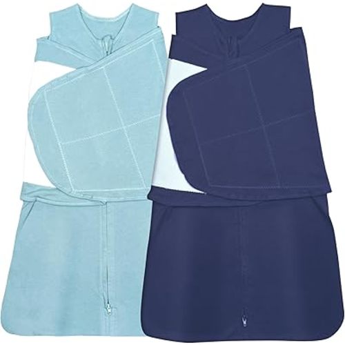 Baby Sleep sack Swaddle 2 Pack,Swaddles 3-6 Months,3-Way Adjustable Wearable Transition Blanket 100% Organic Cotton,12-18 lbs,1.0 TOG(Cyan&Navy Blue)