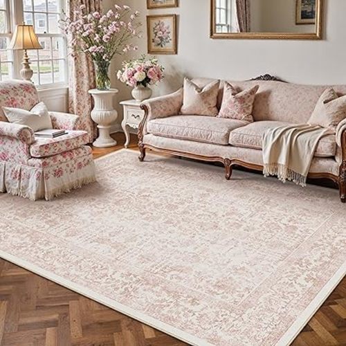 Pink Area Rug 5x7 Machine Washable Vintage Living Room Distressed Non Slip Carpet Traditional Indoor Bedroom Retro Floral Accent Throw Large Rug Office Kitchen Bathroom Dining Room