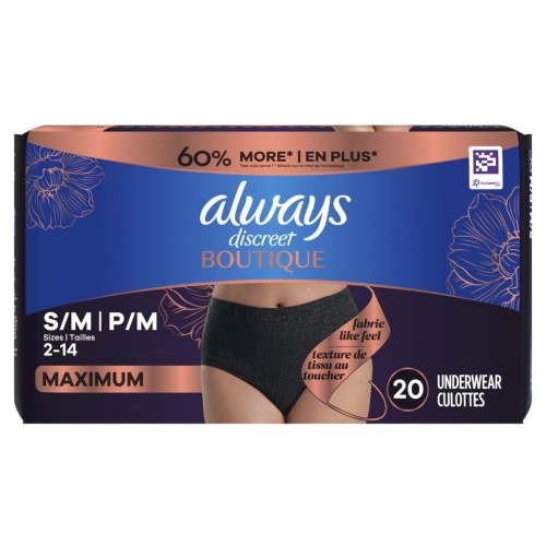 Always Discreet Boutique Disposable Postpartum Underwear for Women, Maximum Protection, S/M, Black, 20 Count HSA/FSA Eligible