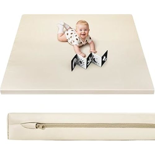 Baby Play Mat 50x50 Thicken Foam Cushioned & Waterproof Playpen Mat, 1.3" Thick Non-Toxic Cushioned, Waterproof Soft Crawling Mat for Infants and Toddlers, Wipe-Clean Playmat, Beige