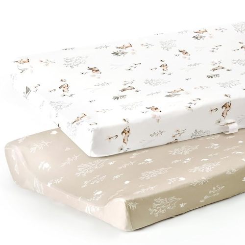 GRSSDER Stretch Ultra Soft Jersey Knit Changing Pad Cover Set 2 Pack, Change Table Pad Covers Fit 32"/34" x 16" Pads Safe and Snug, Pretty Pattern for Boys and Girls, Stylish Watercolor Rabbit Pattern