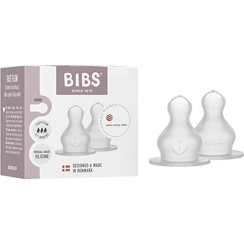 BIBS Bottle Nipple 2-Pack. Anti-Colic. Extra Nipples for BIBS Baby Bottles. Round Nipple. - Silicone, Fast Flow