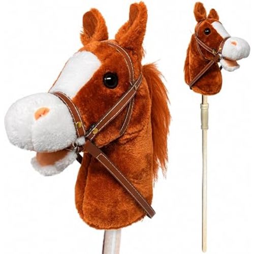 Playful Minds Horse Riding Stick | Handcrafted Plush Hobby Horse Sticks | Handsewn Head, Sturdy Wood Stick | Plus Neighing & Clip-Clop Sounds for Kids Toddlers Preschoolers | Chestnut Red Style
