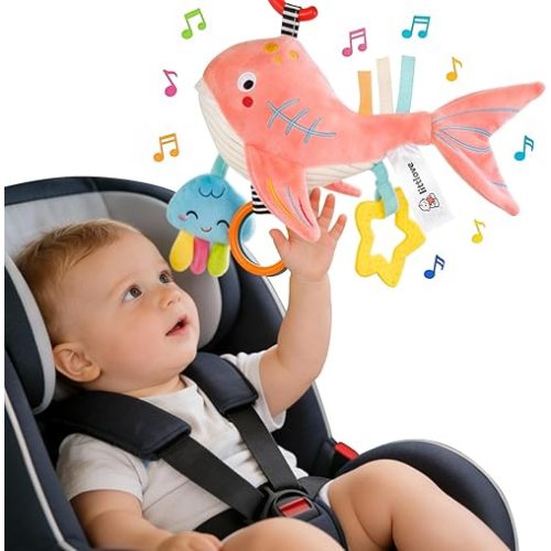 Musical Baby Toys for Car Seat 6-12 Months, Travel Sensory Toy 3-6 Months, Montessori Plush Toys for Roadtrip with Teether Crinkle Textures Clackers Squeaky Pulling Cords Newborn Infant Valentine Gift