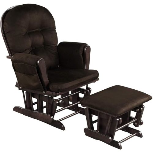 Costzon Nursery Glider with Ottoman, Upholstered Comfort Glider Rocker with Padded Cushion, Storage Pocket, Solid Wood Base, Rocking Chair Nursery for Breastfeeding, Napping (Brown)