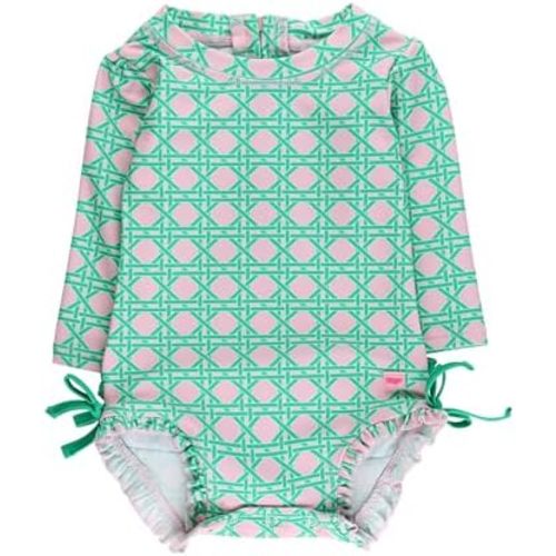 RuffleButts Baby Girls UPF 50+ Sun Protection Floral Printed Long Sleeve One Piece Rash Guard Swimsuit with Zipper