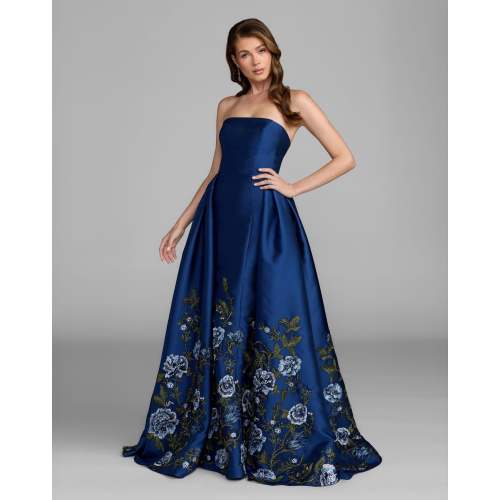 Blue Floral Embroidered Mikado Strapless Ball Gown