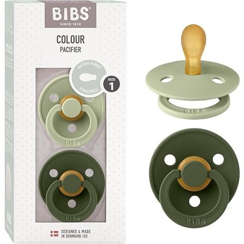 BIBS Pacifiers 0-6 Months | 2-Pack Soothers | BPA-Free Symmetrical Nipple | Made in Denmark | Sage/Hunter Green Colour Pacifier