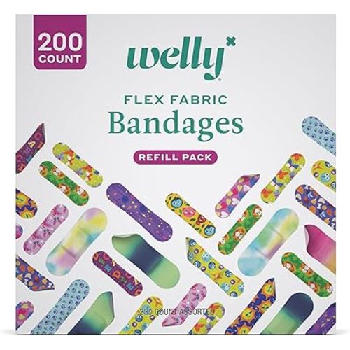 Welly Bandage Refill Ready Pack | FSA Eligible | Adhesive Flexible Fabric Bandages | Bulk Assorted Shapes and Patterns for Minor Cuts, Scrapes, and Wounds - 200 Count