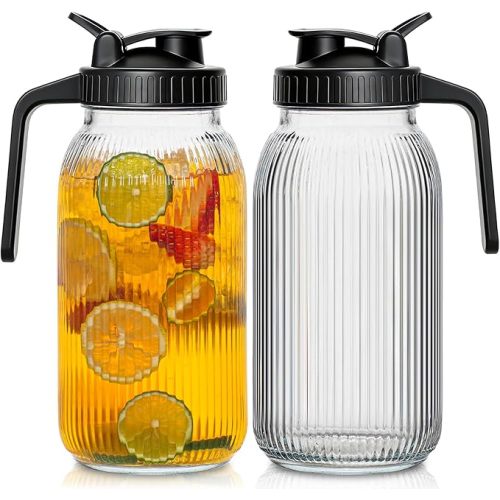 64oz Glass Mason Jar Pitcher with Pour Spout Lid – 2 Pack, Wide Mouth Glass Pitcher with Lid, Leak-Proof Glass Breastmilk Pitcher for Cold Brew Coffee, Sun Tea and Fruit Drinks, Fridge Safe