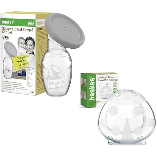 haakaa Manual Breast Pump 4oz. with Silicone Cap & Ladybug Milk Collector 1.4oz. Combo