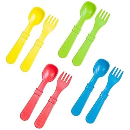 Re-Play Toddler Forks and Spoons Set - 4x4 Utensils Set for Kids - Dishwasher and Microwave Safe - Made in USA - Set of 8-5.8" x 1.2" x 0.2", Sky Blue