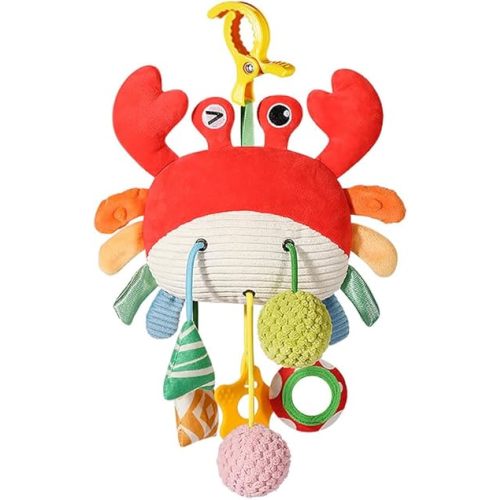 Crab Car Seat & Stroller Toy for Babies 0-12 Months, Sensory Hanging Toy with Rattle, Mirror, Squeaker, BPA-Free Pull Strings, Fine Motor Skills Baby Gift for Newborn Infant Boy Girl