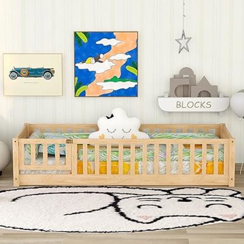 Bellemave Twin Size Floor Bed with Door and Fence for Kids, Montessori Floor Bed with Slats and Safety Guardrails,Solid Wood Twin Bed Frame for Girls Boys(Twin,Natural)