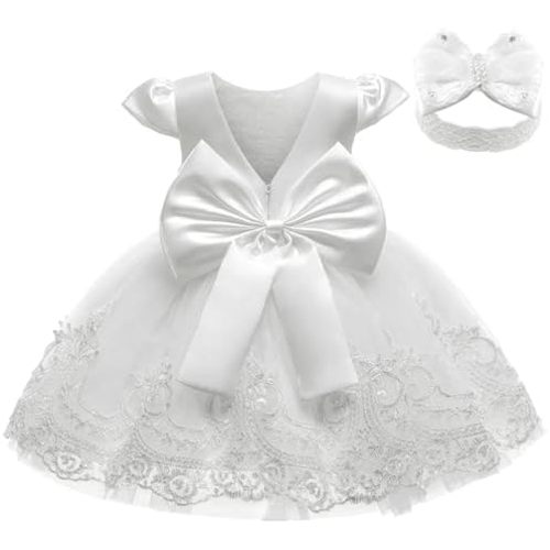 0M-24M Toddler Baby Girls Dresses Pageant Wedding Flower Girls Dress Formal Gowns Embroidered Lace Dress+Headwear