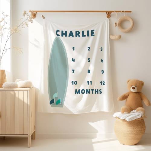 Personalized Surfboard Baby Milestone Blanket: Custom Name- Maverick