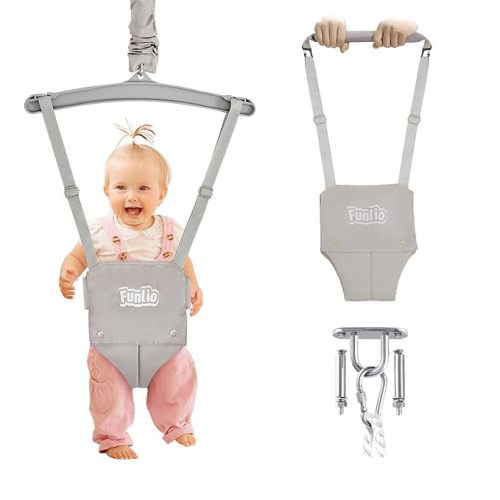FUNLIO 2 in 1 Baby Jumper with a Ceiling Hook, Baby Walking Harness for 6-24 Months, Infant Jumper for Indoor/Outdoor Play, Infant Jumper Doorway with Adjustable Chain, Easy to Assemble & Store - Grey