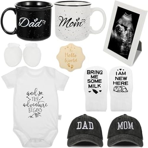 12 Pcs New Mom Gifts, New Parents Gifts for Couples, Gender Reveal, Expecting Parents to Be Baby Shower, Bear Mug, Decision Coin, Baby Socks, Bodysuit Set