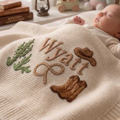 Personalized Cowboy Embroidered Baby Blanket with Name - Custom Western Cactus Boots Hat Knit Newborn Gift, Baby Gift, Baby Keepsake Gift