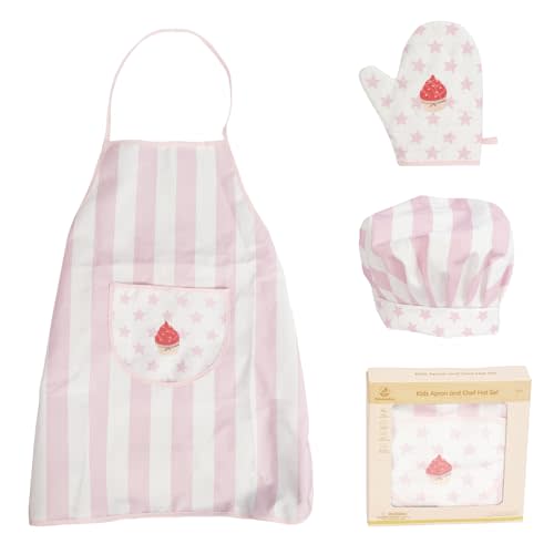WoodenEdu Kid Apron and Chef Hat Set, 3 Pcs Children Cooking Baking Set Kits Role Play Chef Toy Kid Cooking Gift for Girls Boys (Pink)