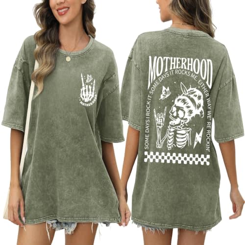 Women's Motherhood Graphic T Shirt Vintage Oversized Mom Shirt | Motherhood Graphic Tee, Vintage Mom Shirt, Acid Wash T Shirt, Oversized Casual Top(ArmyGreen,2XL)