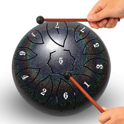 Steel Tongue Drum - 6 Inch 11 Notes, C Major, 440 Hz - Rain Drum with Music Book, Mallets, Storage Bag, Spare Note Stickers - Meditation Drum for Yoga Gifts (Rainbow Black)