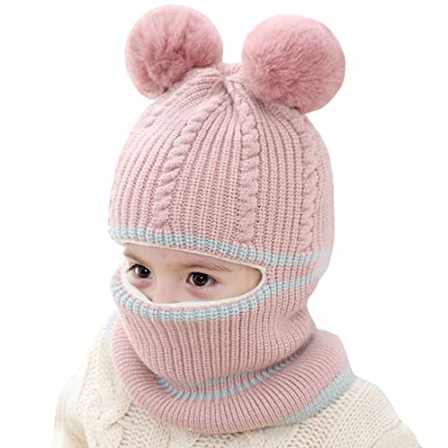 Toddler Winter Hat Baby Balaclava 2 in 1,Fleece Lined Knitted Beanie with Face Mask, Ear Flaps & Pom Pom for Boys Girls