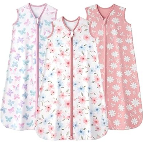 Baby Sleep Sack 0-6 months, 100% Cotton Sleeping Sack for Newborn and Infant, 3 Pack Baby Wearable Blanket, 0.5 Tog Lightweight Double Zipper Sleep Bag Small Pink Butterfly Flower