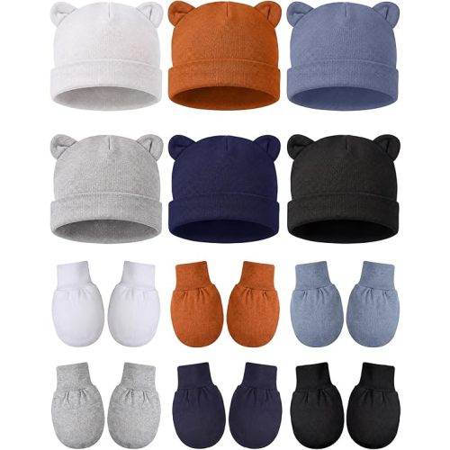 Geyoga 12 Pieces Newborn Hat Mittens Gloves Set Baby Boys Girls Cotton Baby Beanie for 0-12 Months