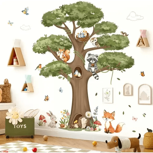 decalmile Woodland Animals Large Tree Wall Stickers Forest Animal Fox Rabbit Hedgehog Wall Decals Kids Room Baby Nursery Bedroom Wall Decor