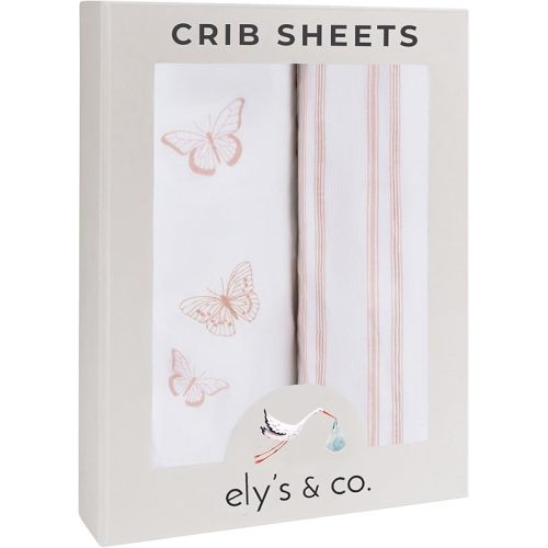 Ely’s & Co. Crib Sheets, Baby Girl Fitted Crib Mattress Sheet Set, 2 Pack, 100% Jersey Knit Cotton, Infant and Toddler Nursery Bedding, Pink Butterfly + Stripes Print, 28” x 52”