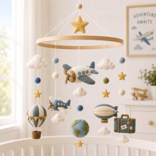 Airplane Baby Mobile, Travel Nursery Decor, Vintage Plane Crib Mobile, Felt Airplane Nursery Mobile, Adventure Baby Gift, Felt Baby Mobile
