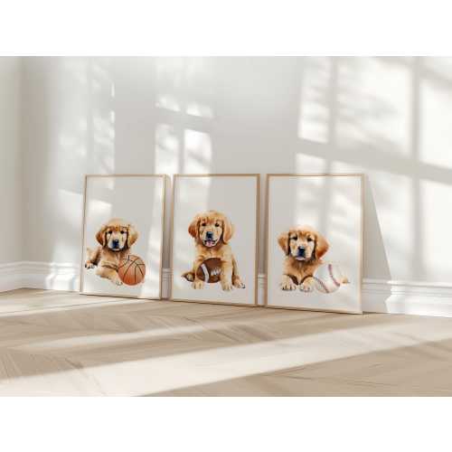 Puppy Sports Nursery Art: Baby Boy Prints, Football, Baseball, Basketball, Golden Retriever Nursery Art