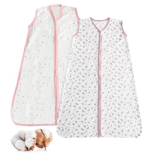 Baby Sleep Sack 12-18 Months 2 Pack, 100% Cotton Toddler Sleeping Bag, 2-Way Zipper Wearable Blanket for Baby Girl, Large, 0.5 TOG, Pink Star & Bloom