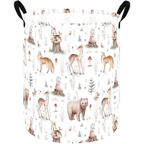 MAIZMZ Woodland Animal Storage Bin, Waterproof Lining Laundry Basket with Leather Handles for Kids Room, Gifts