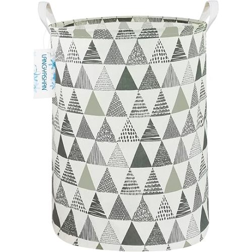 LANGYASHAN Laundry Basket Canvas Fabric Collapsible Organizer Basket for Storage Bin Toy Bins Gift Baskets Bedroom Clothes Children Nursery Hamper (Grey triangle)