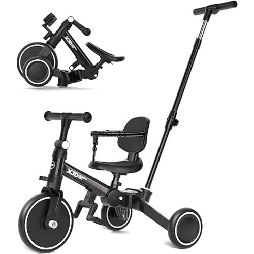 XJD Toddler Bike, 6 in 1 Folding Toddler Tricycle for 1-4 Year Old with Parental Control Handle, Balance Bike with Removable Pedal, Backrest, Adjustable Seat Height, First Birthday Gifts (Black)