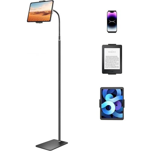 iPad Stand, Height Adjustable Tablet Floor Stand with Flexible Gooseneck, Overhead Tablet Holder for Bed, Compatible with iPad mini Air Pro 12.9/9.7, Cell Phones, Kindle, Switch, E-Readers