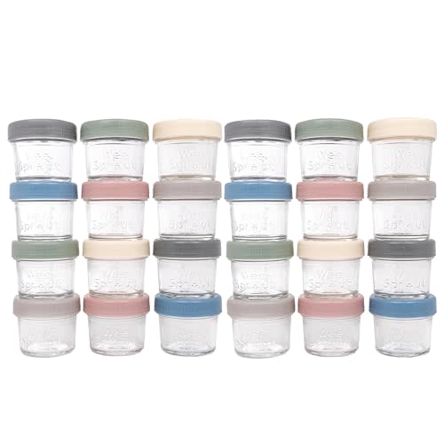 WeeSprout Baby Food Storage Glass Jars w/Lids (4 oz, 24 Pack) Matte Variety, Snack, Reusable Small Containers, Fridge or Freezer, Microwave & Dishwasher Safe, Essentials for Infants