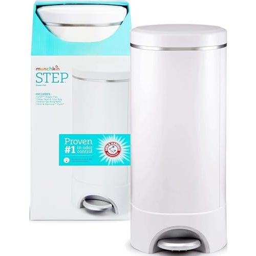 Munchkin® STEP™ Diaper Pail Powered by Arm & Hammer, #1 in Odor Control, Award-Winning, Includes 1 Snap, Seal & Toss™ Bag, 1 Starter Refill Ring, and 1 PUCK™ Baking Soda Cartridge