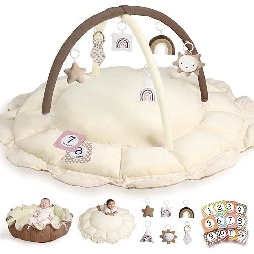 HAM-MM 5-in-1 Convertible Baby Play Gym with 6 Toys, Tummy Time Mat for Sensory Development, Baby Activity Center for Newborn & Toddler, Ball Pit, Cat & Dog Bed, Soft Pet Bed, No Ball Included Brown