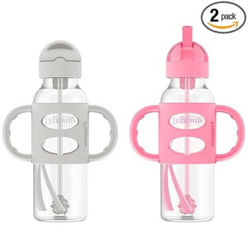 Dr. Brown's Milestones Narrow Sippy Straw Bottle, Spill-Proof with 100% Silicone Handles and Weighted Straw, 8 oz/250 mL, Gray/Pink, 6m+
