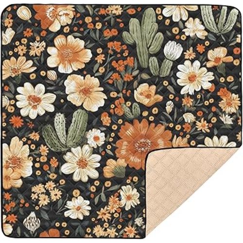 Baby Play Mat Western Desert Boho Floral 50 x 50 Playpen Mats for Floor Play Gym Crawling Mat Non-Slip Cushioned Baby Playmat for Infants, Babies, Toddlers