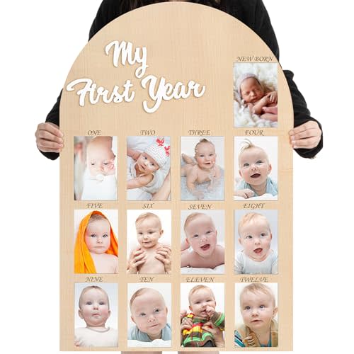 Kritkin My First Year Photo Board Baby Birthday Picture Frame 12 Monthly Wooden Photo Board 1st Birthday Decorations Baby Gift for Newborn Keepsake(33 x 22 Inch)